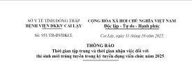 Số: 951/TB-BVĐKCL Thời gian tập trung và thời gian nhận việc